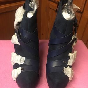 Women navy blue suede strapped high heels shoes